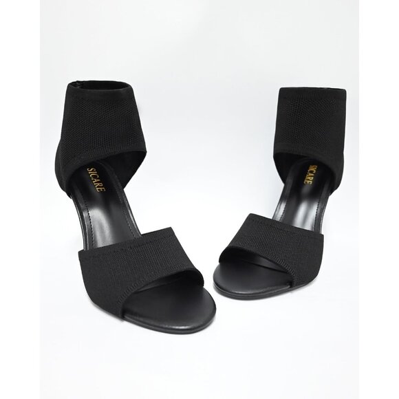 Black 3 Inches Peep Toe Synthetic Stiletto Stretchy Heeled Sandals for Women - Picture 8 of 9